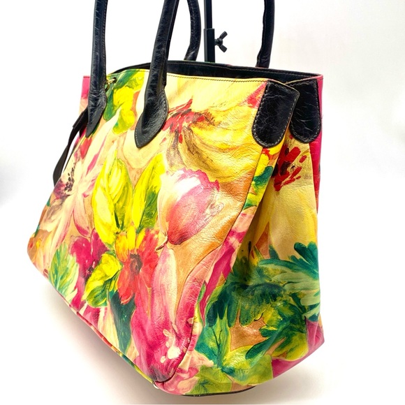 MAURIZIO TAIUTI FLORAL PAINTING MURAL LEATHER ITALY LARGE SHOULDER TOTE HAND BAG - Picture 3 of 7
